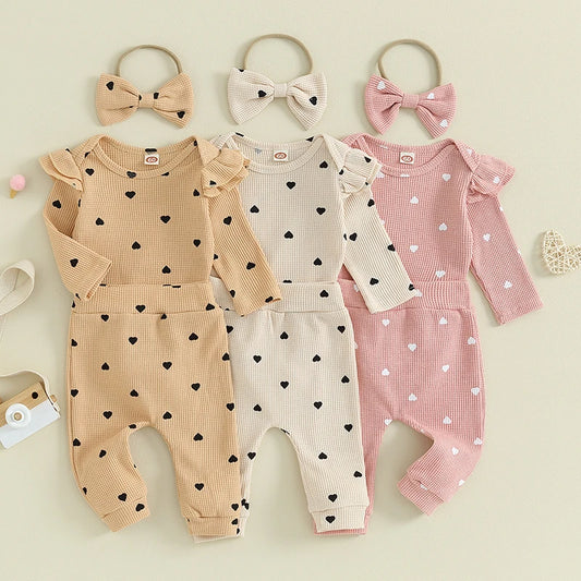 Waffle Knit Heart Romper Pants Headband Set