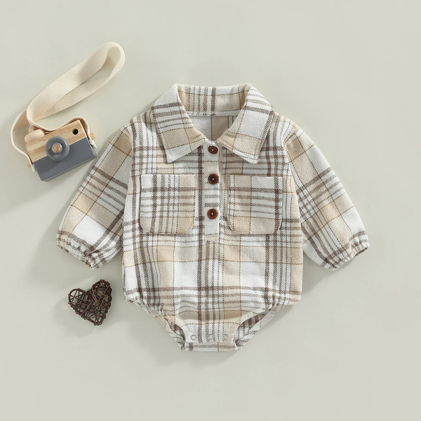 Vintage Plaid Pattern Bodysuit with Pockets
