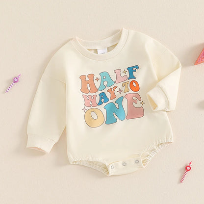 Half 1st Birthday Letter Print Long Sleeve Bodysuits