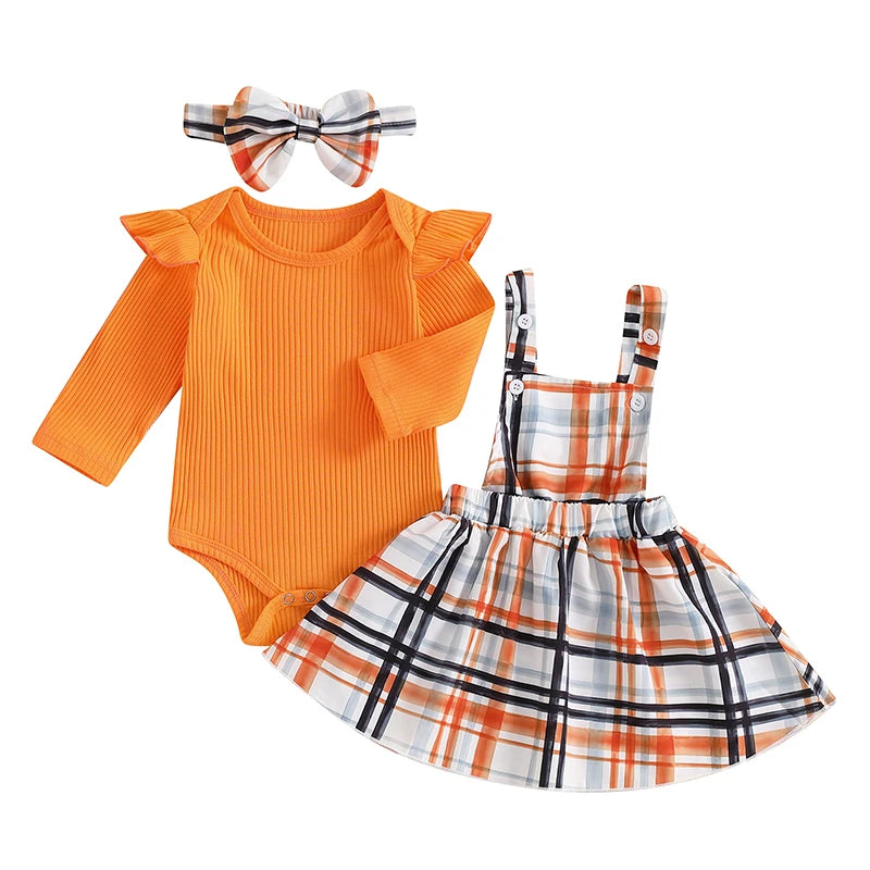 Plaid Suspender Skirt Bow Headband 3 Piece Set