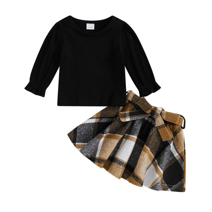 Plaid Print A-Line Skirt and Belt Set