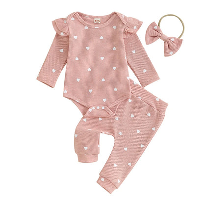 Waffle Knit Heart Romper Pants Headband Set