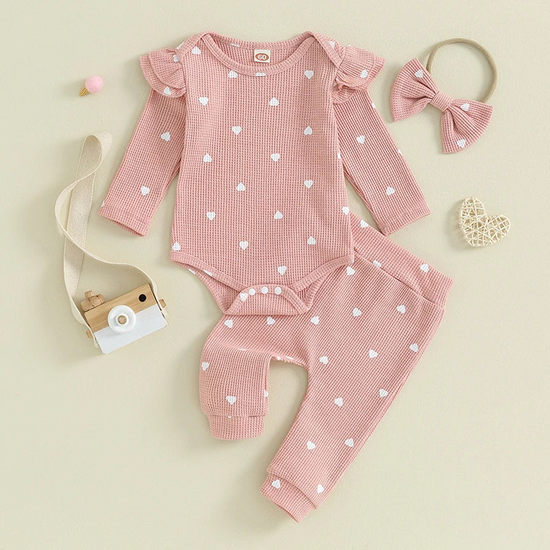 Waffle Knit Heart Romper Pants Headband Set