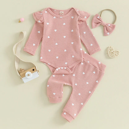 Waffle Knit Heart Romper Pants Headband Set