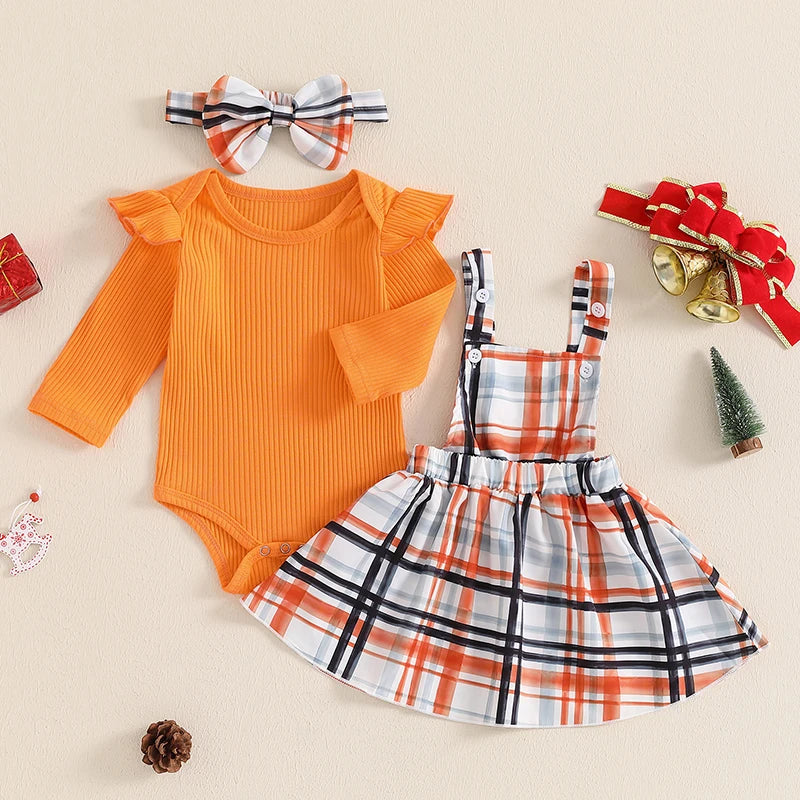 Plaid Suspender Skirt Bow Headband 3 Piece Set