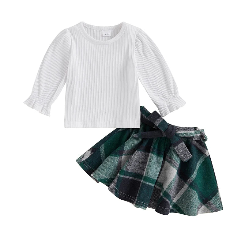 Plaid Print A-Line Skirt and Belt Set