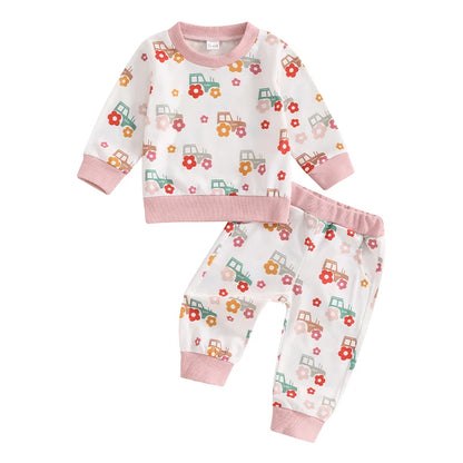 O Neck Floral Tractor Print Tops Pants Sets