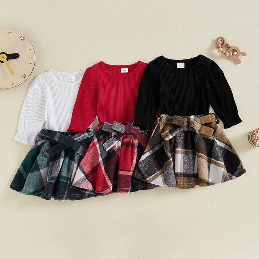 Plaid Print A-Line Skirt and Belt Set