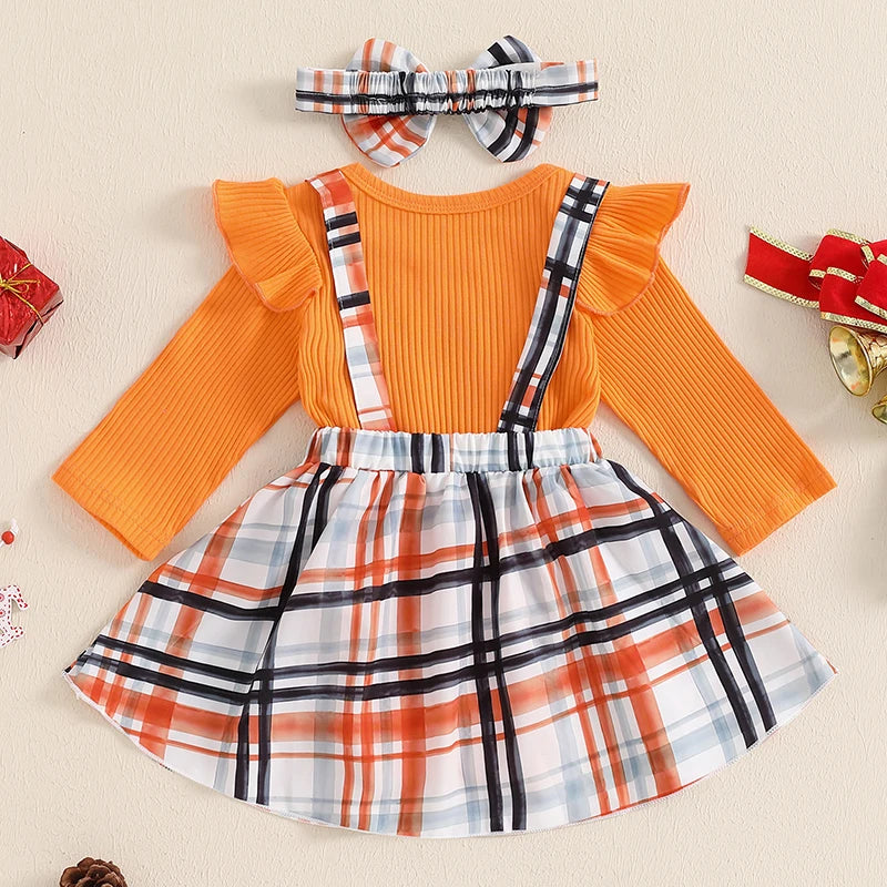 Plaid Suspender Skirt Bow Headband 3 Piece Set