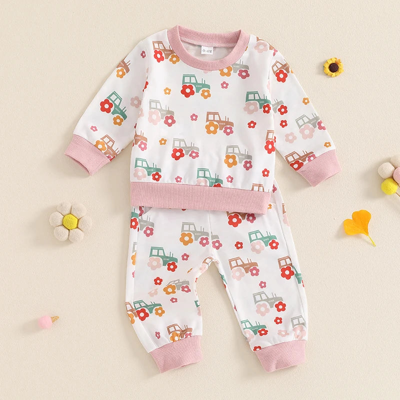 O Neck Floral Tractor Print Tops Pants Sets