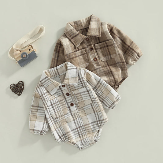 Vintage Plaid Pattern Bodysuit with Pockets