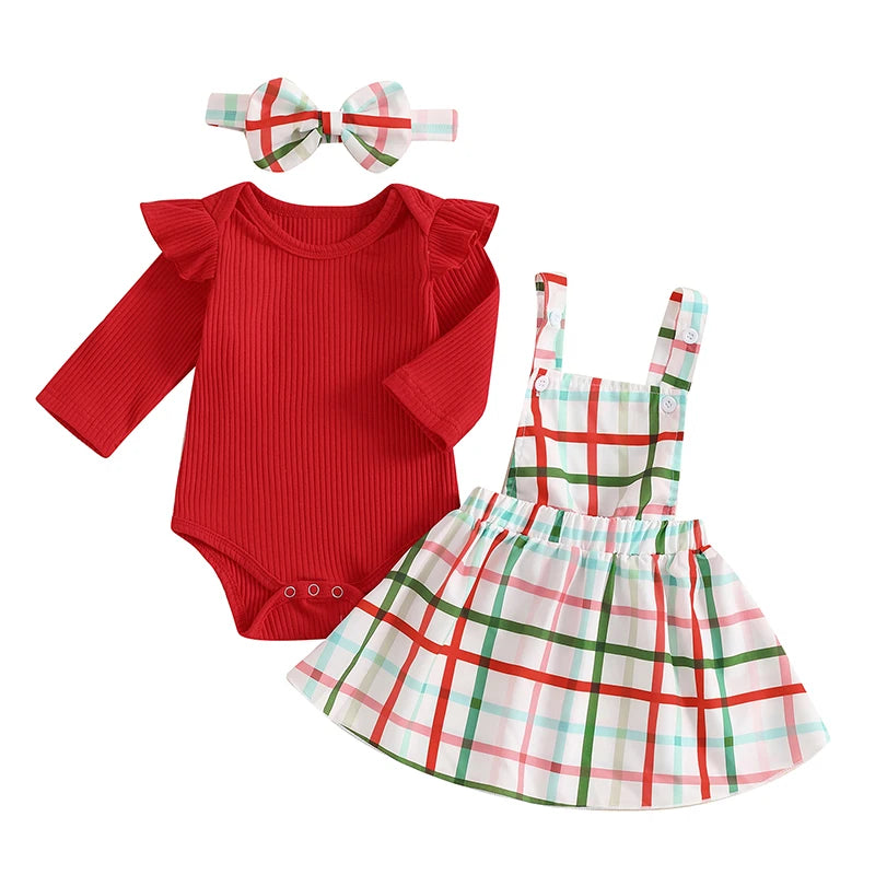Plaid Suspender Skirt Bow Headband 3 Piece Set