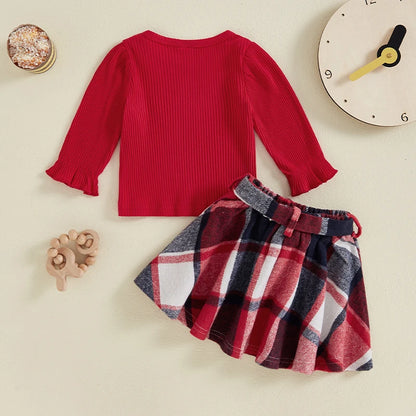 Plaid Print A-Line Skirt and Belt Set