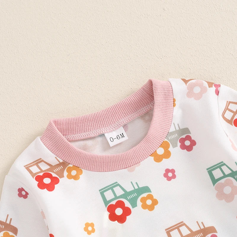 O Neck Floral Tractor Print Tops Pants Sets