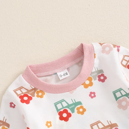 O Neck Floral Tractor Print Tops Pants Sets